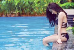 pool, brunette, asian, black bikini, sexy wallpaper