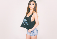 vicky li, asian, brunette, natural boobs, jean shorts wallpaper