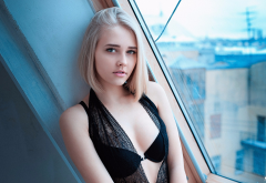 galina andreevna, blonde, short hair, black bra, portrait, window wallpaper