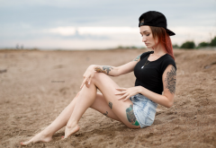 julia tyki, skinny, baseball cap, sitting, jeans shorts, sand, beach wallpaper
