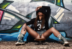 sitting, shoes, tanned, hoods, sweater, wall, jean shorts, skateboard, graffiti, spread legs wallpaper