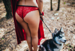 dasha mijailova, ass, red lingerie, outdoors, dog, red panties wallpaper