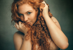 model, portrait, redhead, curly hair, smoky eyes, strategic covering wallpaper
