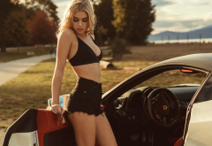blonde, jean shorts, car, belly, black clothing, closed eyes, outdoors wallpaper