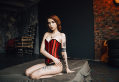 julie resh, redhead, kneeling, corset, tattoo, in bed wallpaper