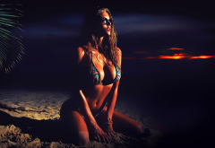 viki odintcova, beach, bikini, model, boobs, night, sunset, tanned wallpaper