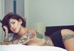 in bed, panties, tattoo, sexy wallpaper