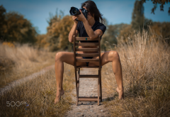 camera, tanned, legs, chair, brunette, outdoors, sitting wallpaper