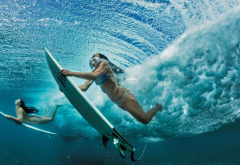 surfing, underwater, sea, bikini, surfboard wallpaper