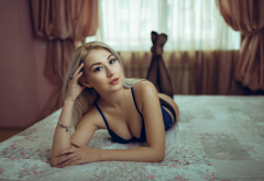 blonde, in bed, lingerie, black stockings, blue bra, black panties, window, asian wallpaper
