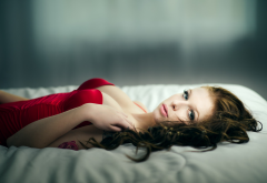 portrait, red lingerie, red corset, bed, curly wallpaper