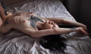 nude, tattoo, closed eyes, armpits, ribs, in bed, black hair, boobs, nipples wallpaper