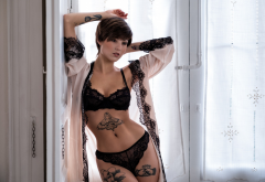 giorgia soleri, black lingerie, tattoo, belly, hips, short hair, pierced navel wallpaper