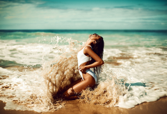 tanned, sea, beach, sand, one-piece swimsuit, closed eyes, kneeling, sexy, splash wallpaper