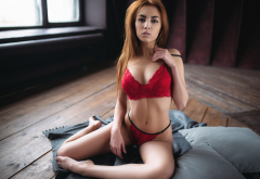 alexandra zhigareva, red lingerie, belly, portrait, sitting wallpaper