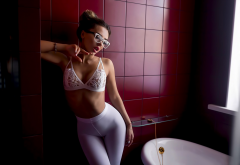 darina markina, white bra, bathtub, glasses, see-through bra, white pantyhose, bathroom wallpaper
