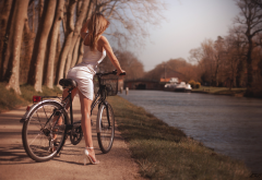 sexy, blonde, dress, high heels, outdoors, bicycle, river wallpaper