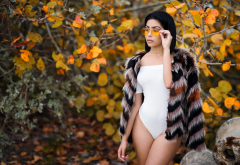 portrait, outdoors, fur, one-piece swimsuit, tanned, glasses, sexy wallpaper