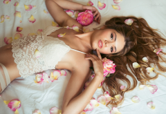 andrea garcia, white lingerie, flowers, brunette, portrait, sexy wallpaper