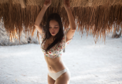 arms up, belly, closed eyes, sand, beach, white panties, brunette wallpaper