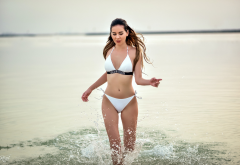 white bikini, belly, outdoors, water, sea, brunette, sexy wallpaper