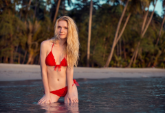 red bikini, belly, sea, blonde, outdoors, water, beach, tropics wallpaper