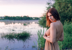 dress, big tits, boobs, outdoors, undressing, hot, lake, pond wallpaper