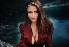 gina carla, portrait, smiling, boobs, lake, cleavage, busty, blouse, sexy wallpaper