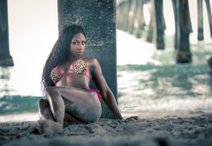sand covered, bikini, model, sea, pier, beach, exotic wallpaper
