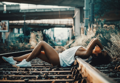 rails, railroad, brunette sideboob, tits, legs wallpaper