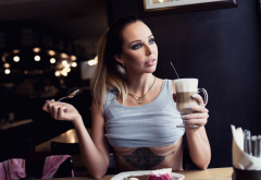 sitting, cup, underboob, tattoo, necklace, boobs, cafe wallpaper