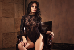 sitting, black lingerie, see-through, sexy, black hair wallpaper