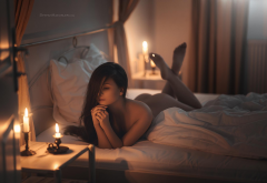 nude, tanned, candles, ass, in bed, pillow wallpaper