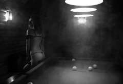monochrome, ass, back, black lingerie, smoke, pool table wallpaper