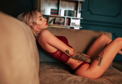 women, blonde, tanned, tattoo, couch, red lipstick, red lingerie, closed eyes wallpaper