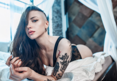 tattoo, black lingerie, ass, in bed, eyeliner wallpaper