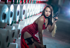 gun, red dress, weapon, asian, sexy, legs, brunette wallpaper