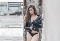 brunette, outdoors, black panties, leather jackets, sexy wallpaper