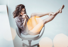 fotoshi toshi, shirt, brunette, sitting, chair, sexy legs wallpaper