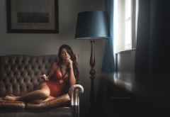 couch, sitting, red lingerie, tanned, lamp, window wallpaper