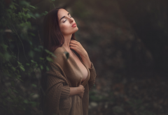 closed eyes, boobs, outdoors, nipple through clothing, portrait wallpaper