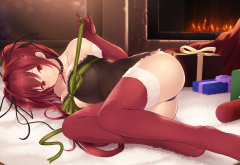 anime girls, fireplace, christmas, anime, stockings, sexy wallpaper