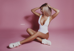 blonde, tanned, sneakers, cleavage, monokini, armpits, sitting, sexy, hot wallpaper