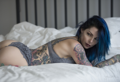 in bed, ass, tattoo, lingerie, blue hair, dyed hair, nose ring wallpaper