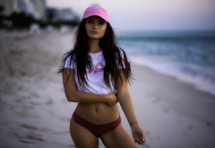 tanned, belly, beach, baseball cap, black hair, sea, sexy wallpaper