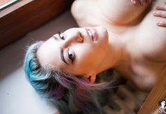 sivir, suicide girls, blue hair, pink hair, looking up, nude, handbra, boobs, big tits wallpaper