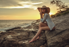 ksenia kokoreva, sunset, hat, shirt, sea, sitting wallpaper