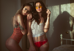 red panties, glasses, pierced navel, tattoo, sexy, 2 girls wallpaper