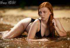 megan deluca, model, outdoors, redhead, freckles, bikini, swimsuit, wet body, wet, beach, sexy wallpaper