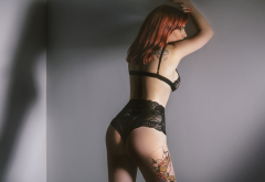 black lingerie, redhead, ass, back, shadow, tattoo, wall, black panties, black bra wallpaper